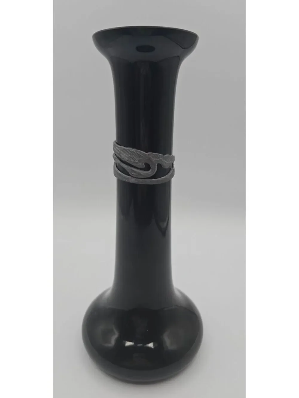 Vintage WMF Black Hyalith Glass Vase Pewter Swan Mount Germany Art Deco